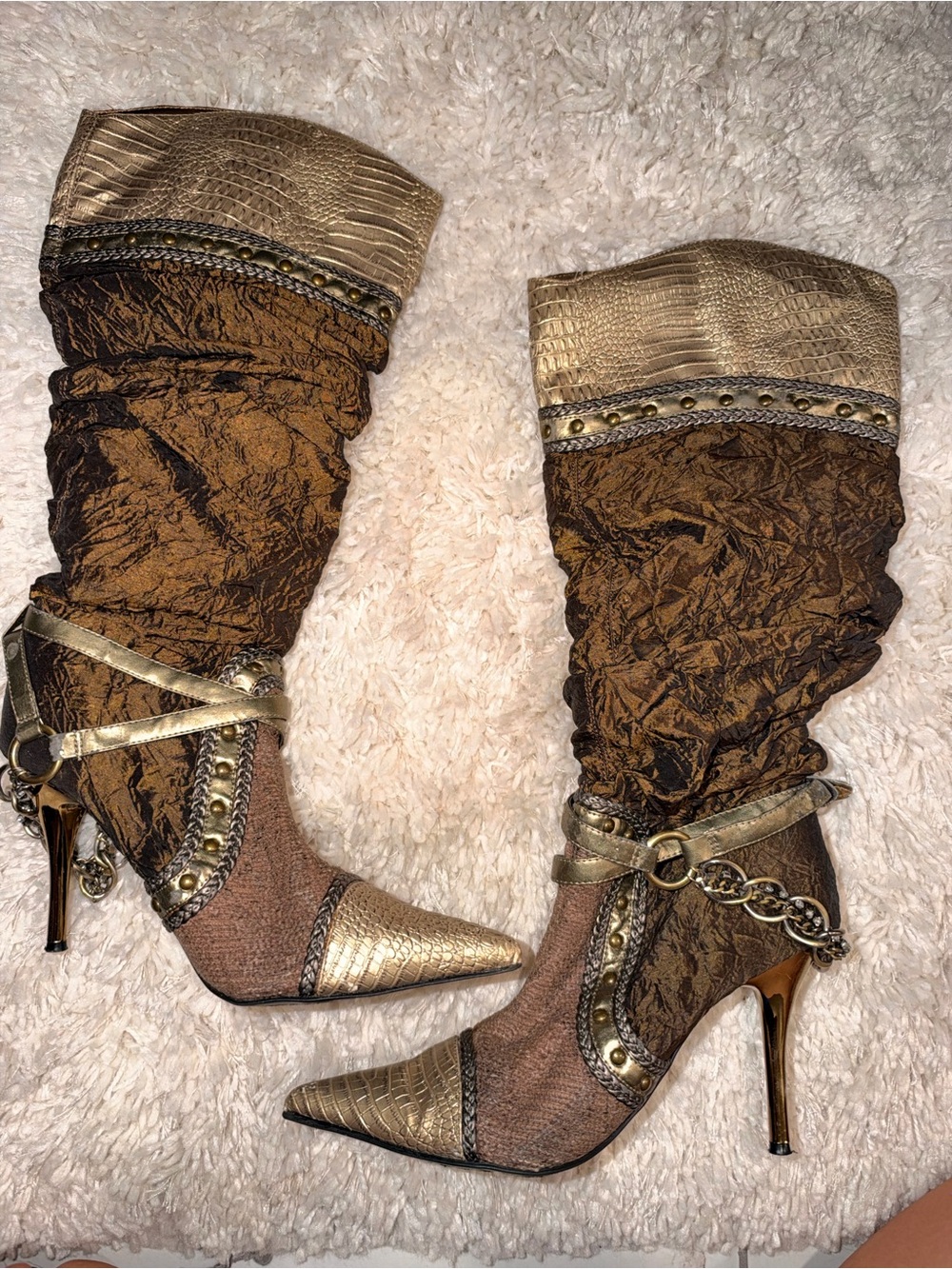 Vintage Y2K Wild Rose Brown & Gold Snakeskin Print Boots - Picture 2 of 11